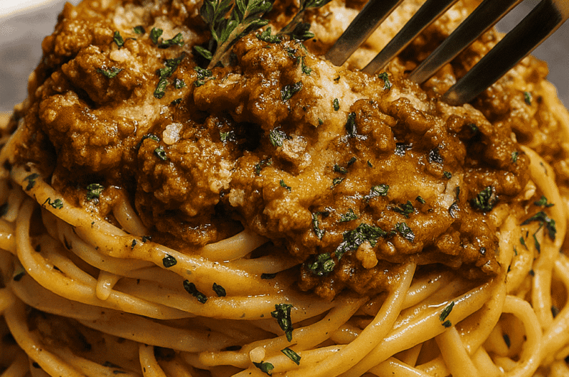 Creamy Parmesan Beef Linguine in Garlic Butter Sauce