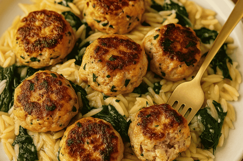 Chicken Meatballs with Spinach and Orzo
