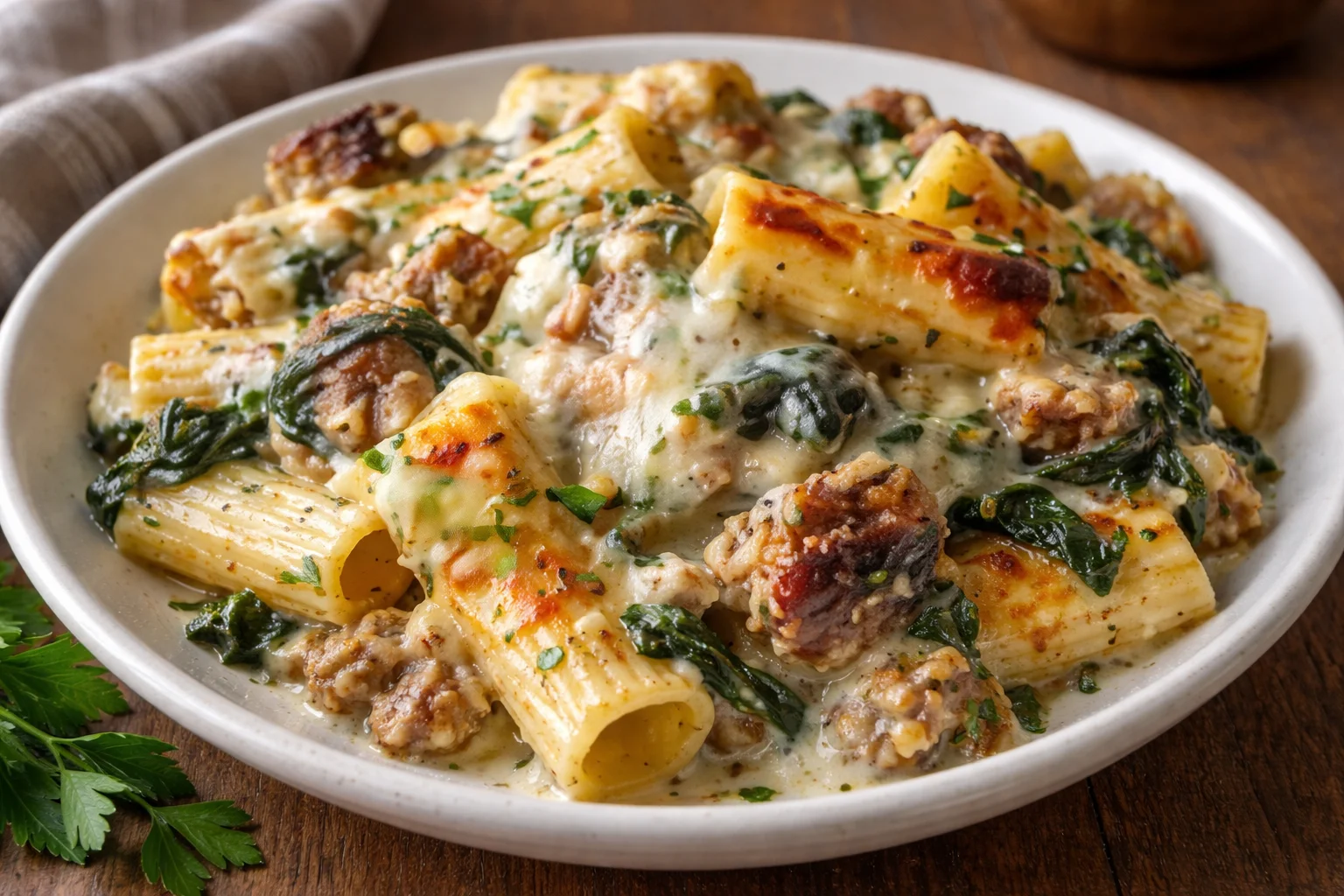 Creamy Sausage & Spinach Pasta Bake