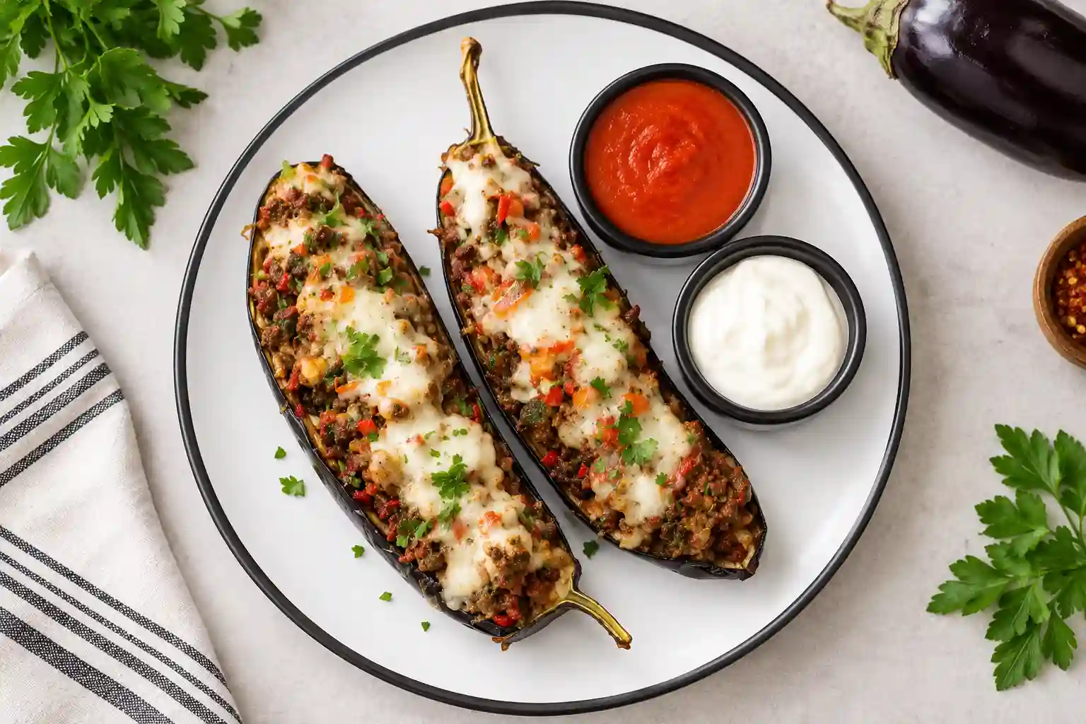 Low-Carb Taco Beef Queso Stuffed Eggplant